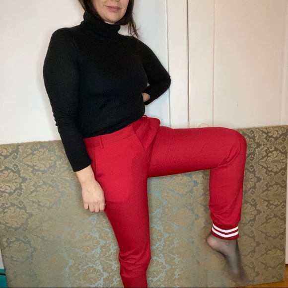 Pink Tartan red dress pants with ribbed cuff ankles - Picture 2 of 4